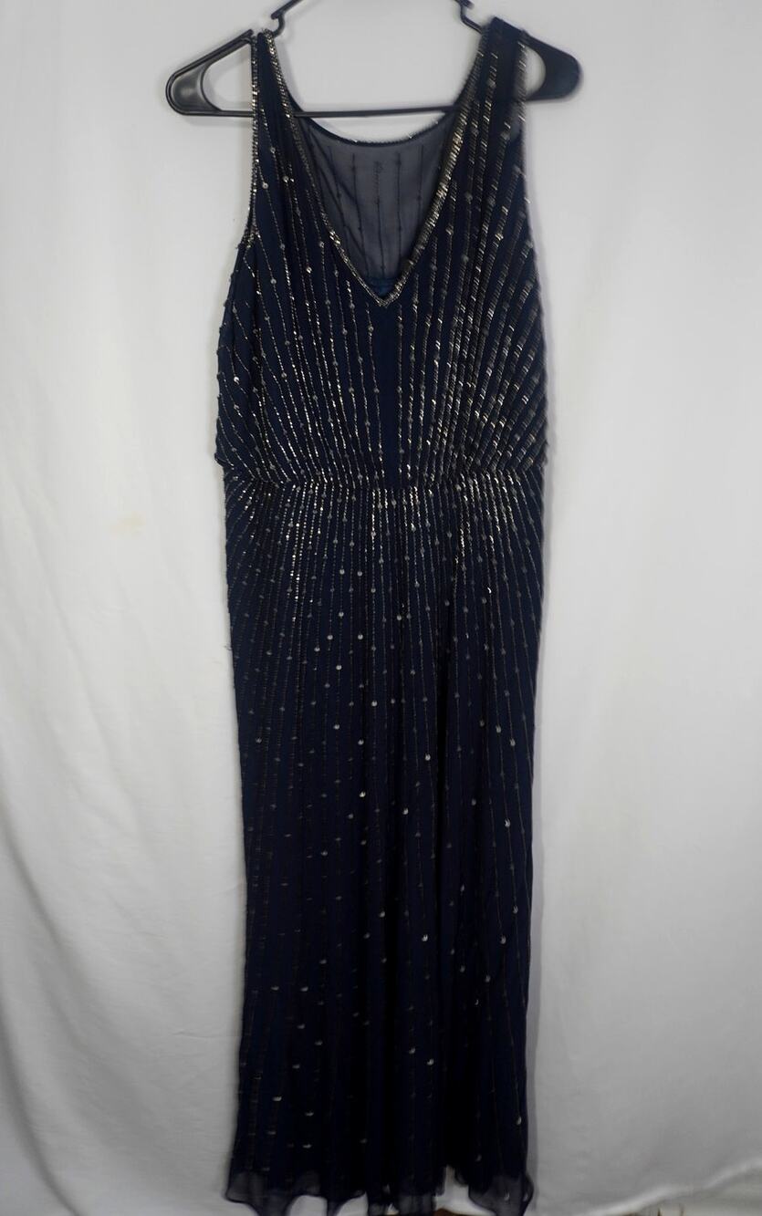 J Kara Size 8 Navy Beaded Sequin Formal Maxi Dress Evening Gown